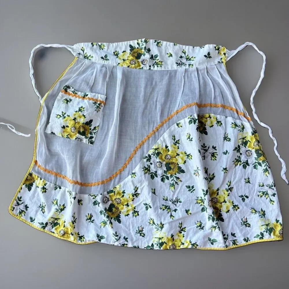 Vintage Waist Skirt Apron Size S White Cotton Floral Sheer Housewife Pocket